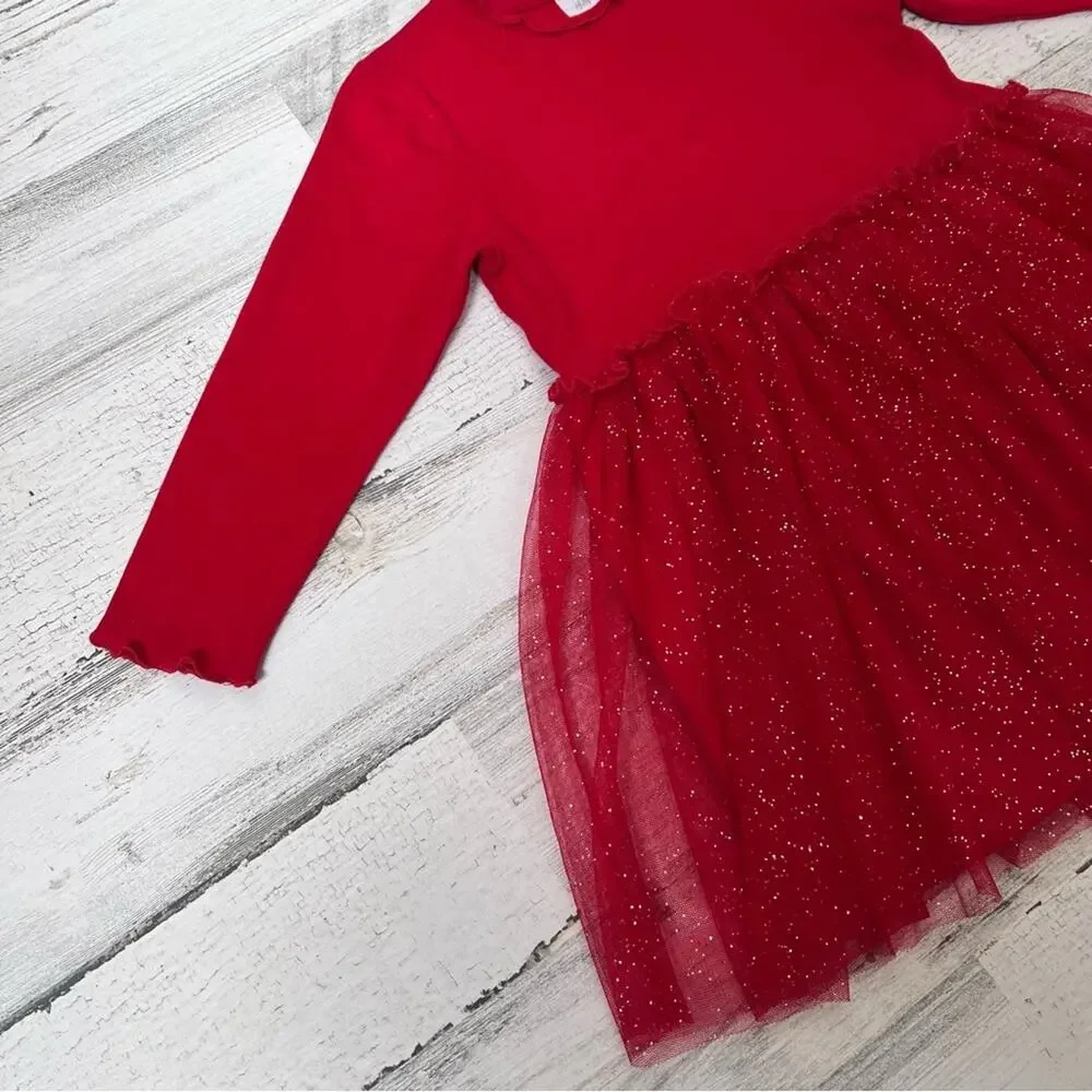 🌵3/$20 H&M Girls Dress Size 18M Red Glitter Tulle Holiday Long Sleeve Party